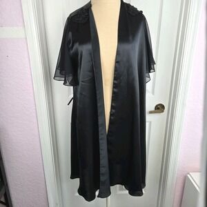 Dentelle Vtg Black Satin Kimono Robe Shoulder Appliques‎ Size S Lingerie USA